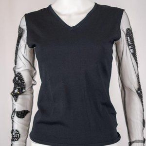 Versace Jeans Black Mesh Beaded Long-Sleeve Top